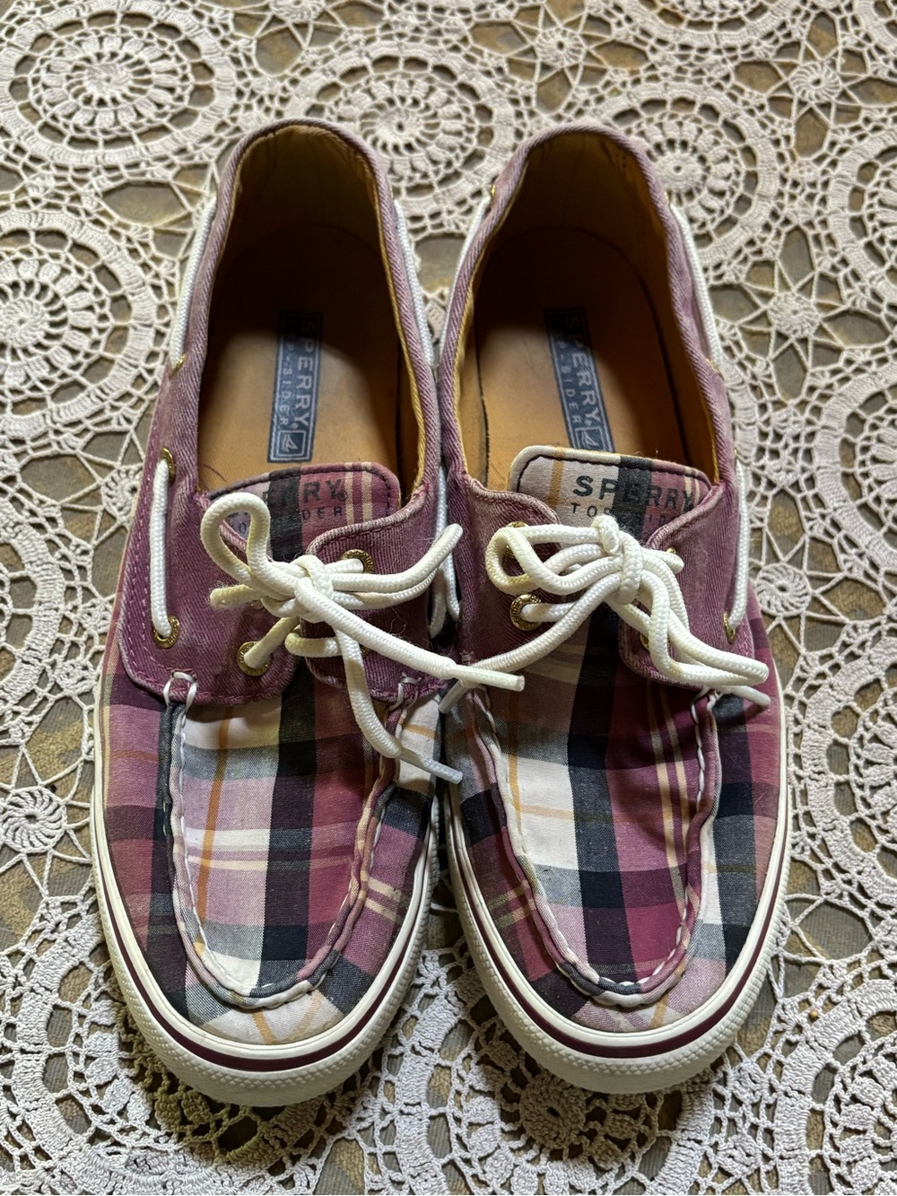 Sperry Top-Sider Purple Plaid Canvas Lace Up Boat Shoes Sz 7.5M Preppy Colorful